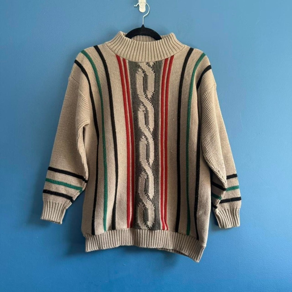 Vintage 80s Patterned Sweater Women's Size Medium‎ Tan Braid Clifton Place Retro